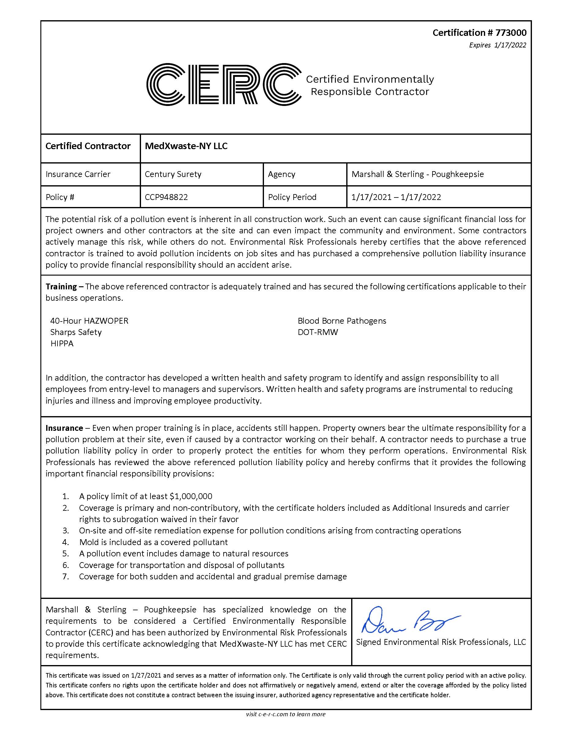 Certified Environmentally Responsible Medical Waste Contractor