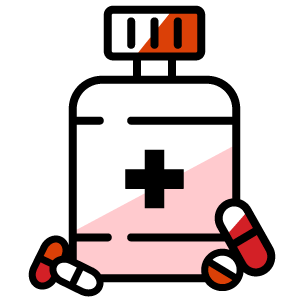 Red and white capsules spilling out of a pink medical container