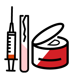 Red and pink stylized illustration of a medical needle and a sharps container