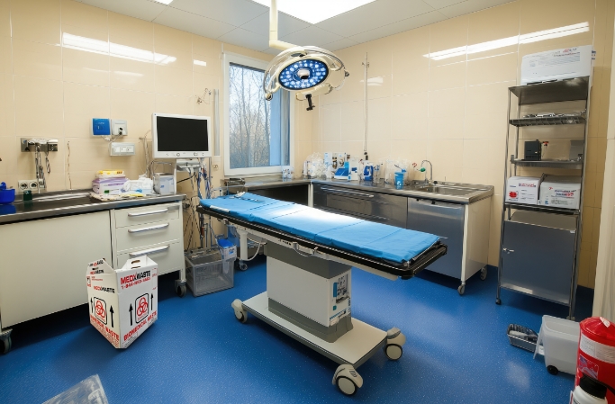 Sterile Medical Procedure Room With An Examination Table Covered In Blue Padding, Overhead Surgical Light, Medical Equ