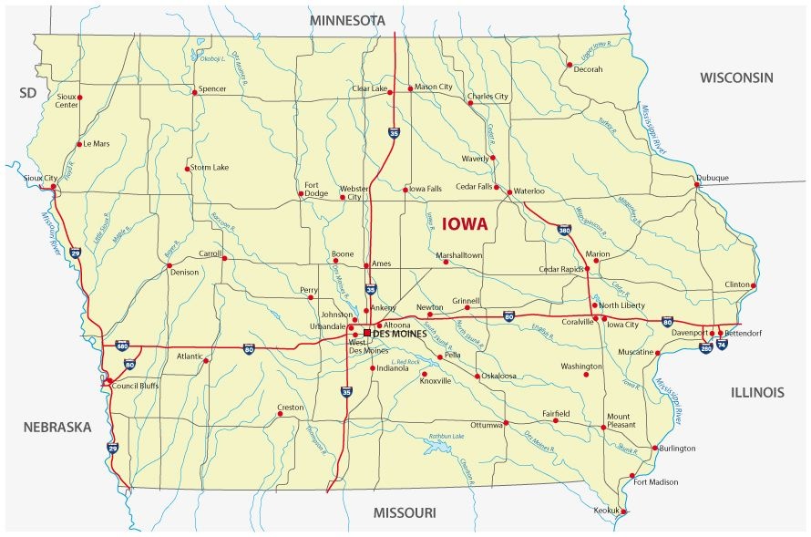 Map Of Iowa Showing Major Cities, Highways, And Neighboring States Including Minnesota, Wisconsin, Illinois, Missouri,
