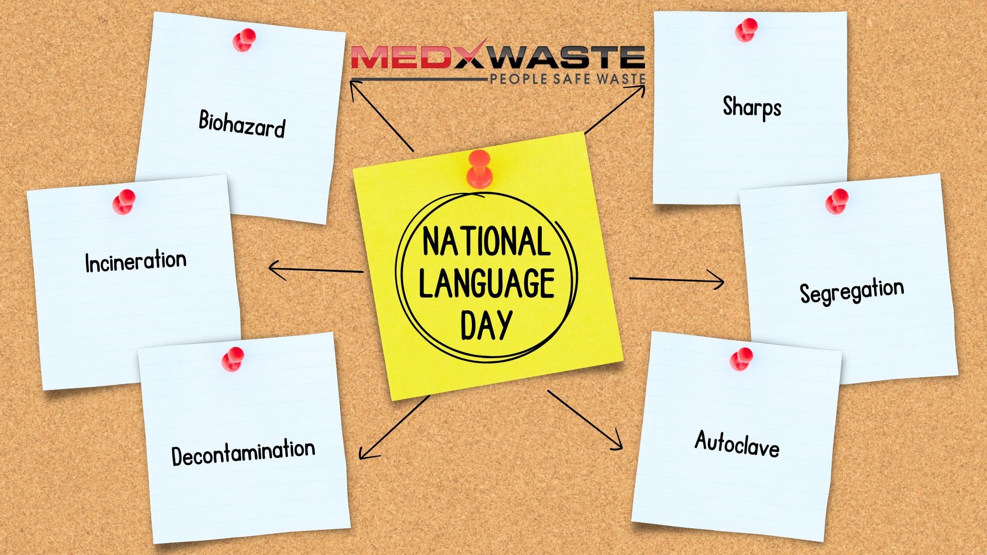 Corkboard With A Yellow Sticky Note In The Center Labeled National Language Day, Surrounded By White Sticky Notes With
