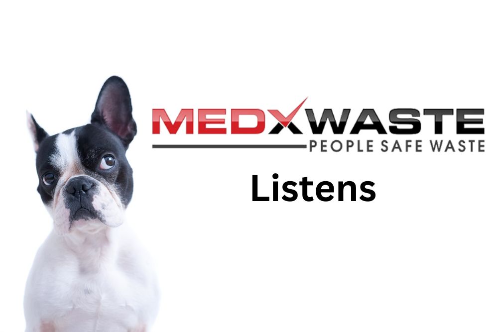 Black and white Boston Terrier dog looking attentively next to MedX Waste logo with the word 'Listens' below