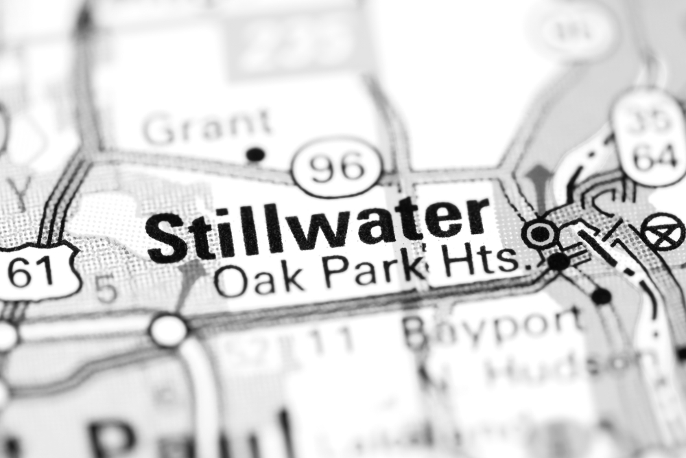 Close-Up Of A Black And White Map Highlighting Stillwater And Oak Park Heights In Minnesota With Surrounding Highways