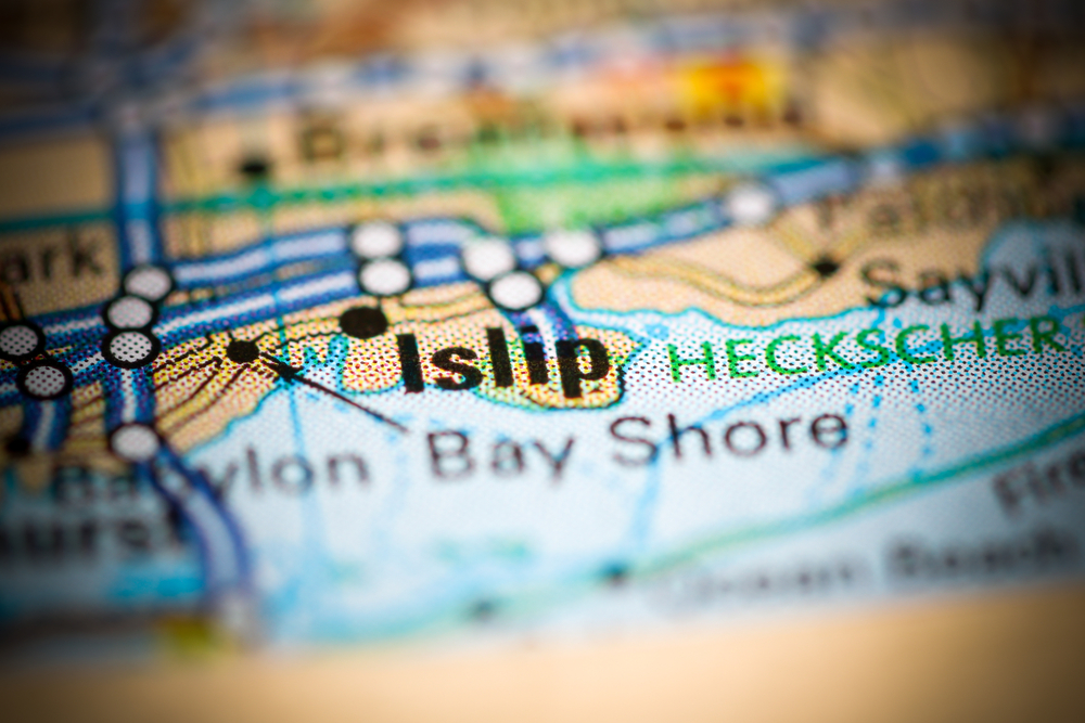 Close-up of a map showing Islip and Bay Shore areas with surrounding roads and locations