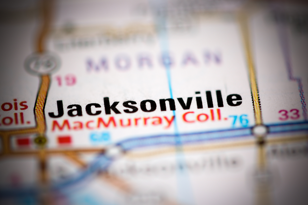 Close-up of a map showing Jacksonville and MacMurray College in Morgan County, Illinois.