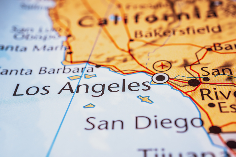 Close-up of a map showing southern California cities including Los Angeles, San Diego, and Bakersfield