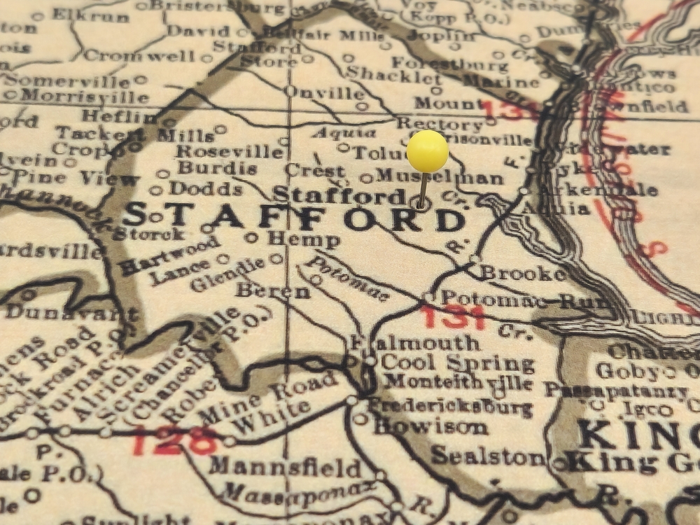 Stafford,County,,Virginia,Vintage,Map,Marked,By,A,Yellow,Tack.