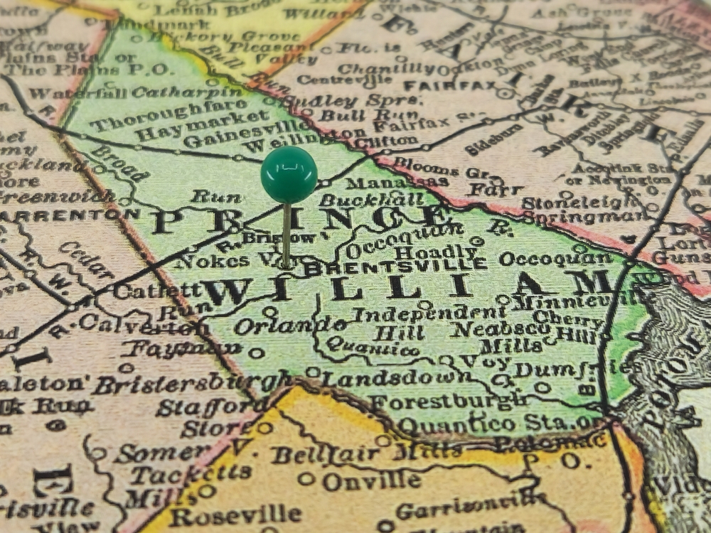 Prince,William,County,,Virginia,Marked,By,A,Green,Tack,On