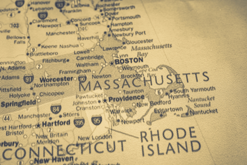 Close-Up Of A Vintage Map Showing Massachusetts, Rhode Island, And Parts Of Connecticut With Cities Like Boston, Worce
