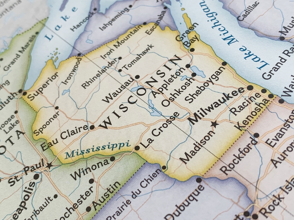 Close-Up Of A Vintage Map Showing The State Of Wisconsin And Surrounding Areas, Including Cities Like Milwaukee, Madis