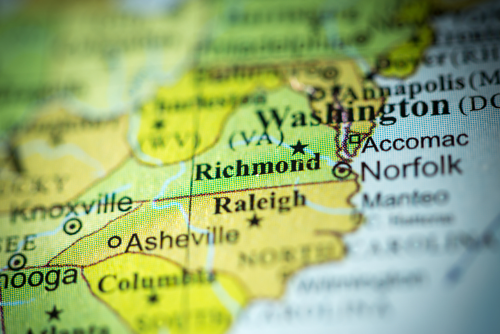 Closeup,Of,Richmond,,Virginia,On,A,Political,Map,Of,Usa.