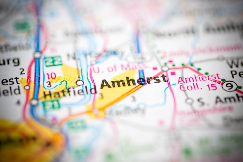 Close-up of a map highlighting Amherst and Hatfield with surrounding roads and landmarks