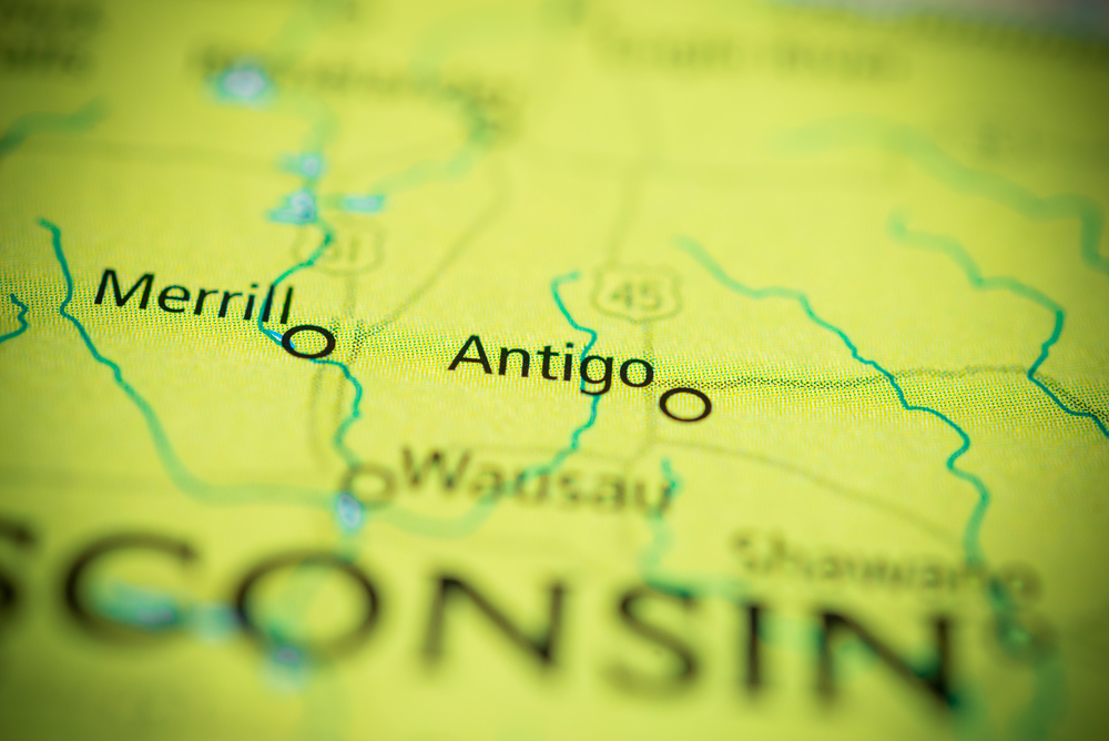 Close-up of a map showing the cities of Merrill and Antigo in Wisconsin with surrounding roads and rivers