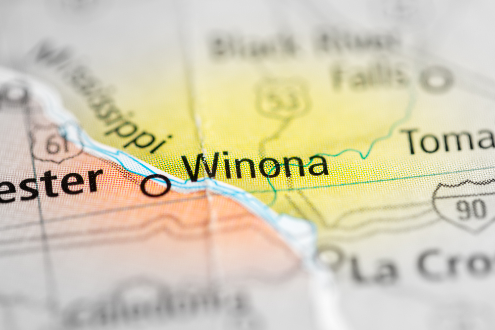 Close-up of a map highlighting Winona and surrounding areas including Mississippi River and nearby cities