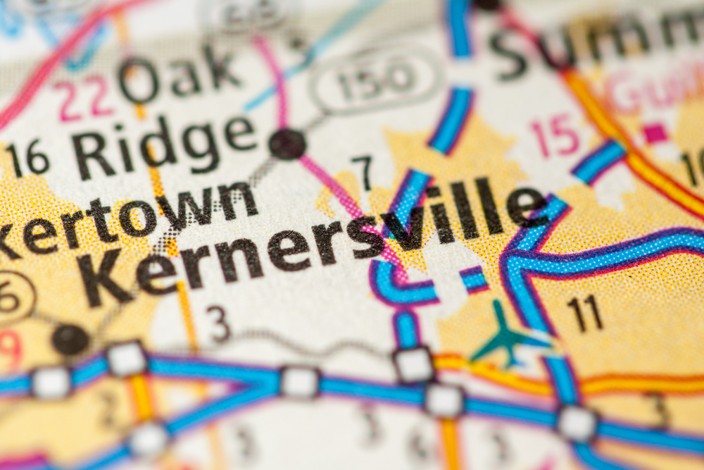 Close-up of a map highlighting Kernersville and surrounding areas with roads and route numbers visible
