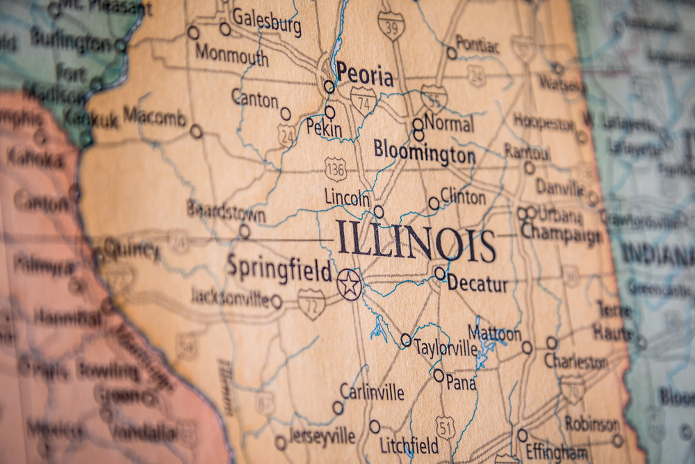 Close-up map showing central Illinois with cities including Springfield, Peoria, Bloomington, and Champaign