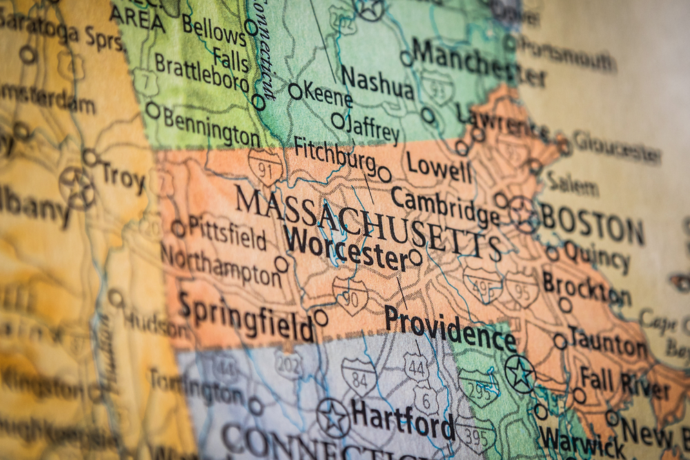 Closeup,Selective,Focus,Of,Massachusetts,State,On,A,Geographical,And