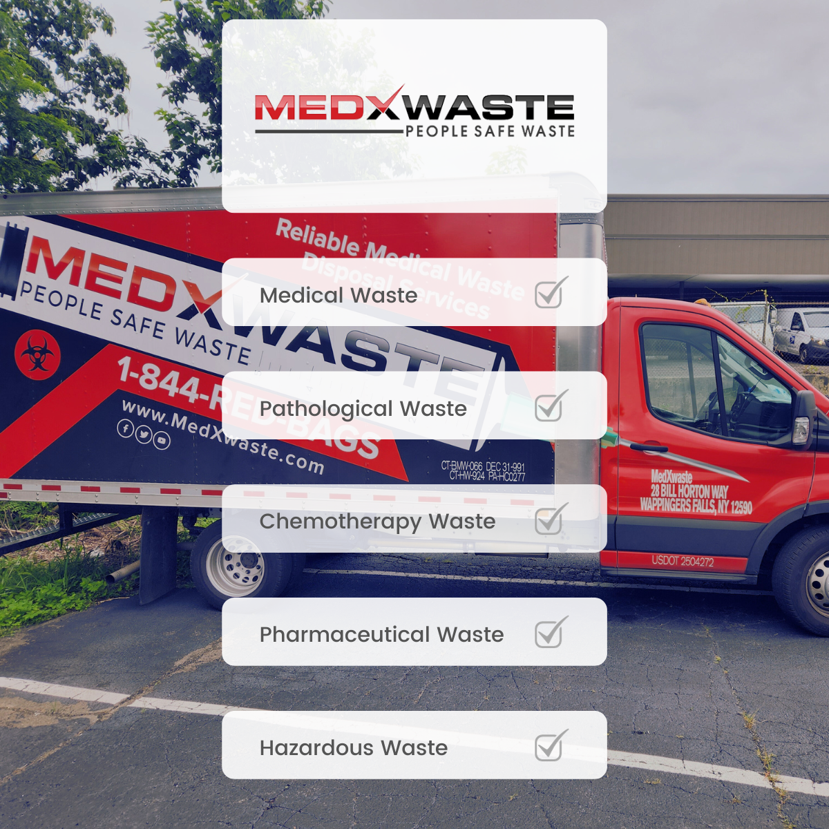 Red And Blue MedXwaste Truck Parked On Asphalt With Text Listing Medical, Pathological, Chemotherapy, Pharmaceutical,